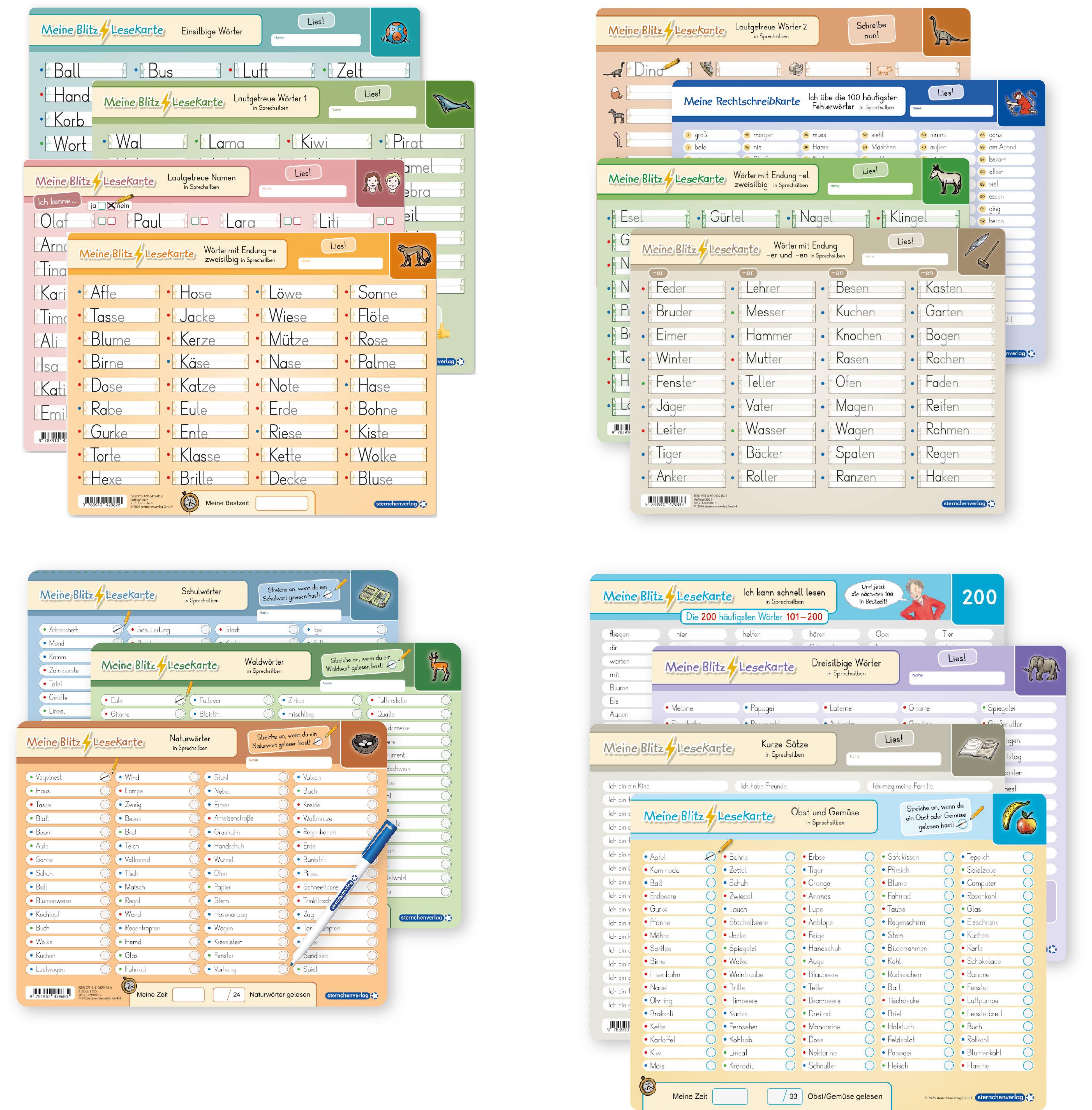 Vorderes Coverbild Meine Blitzlesekarten Set 1-4 zur Leseförderung (15 Lerntafeln mit Stift)