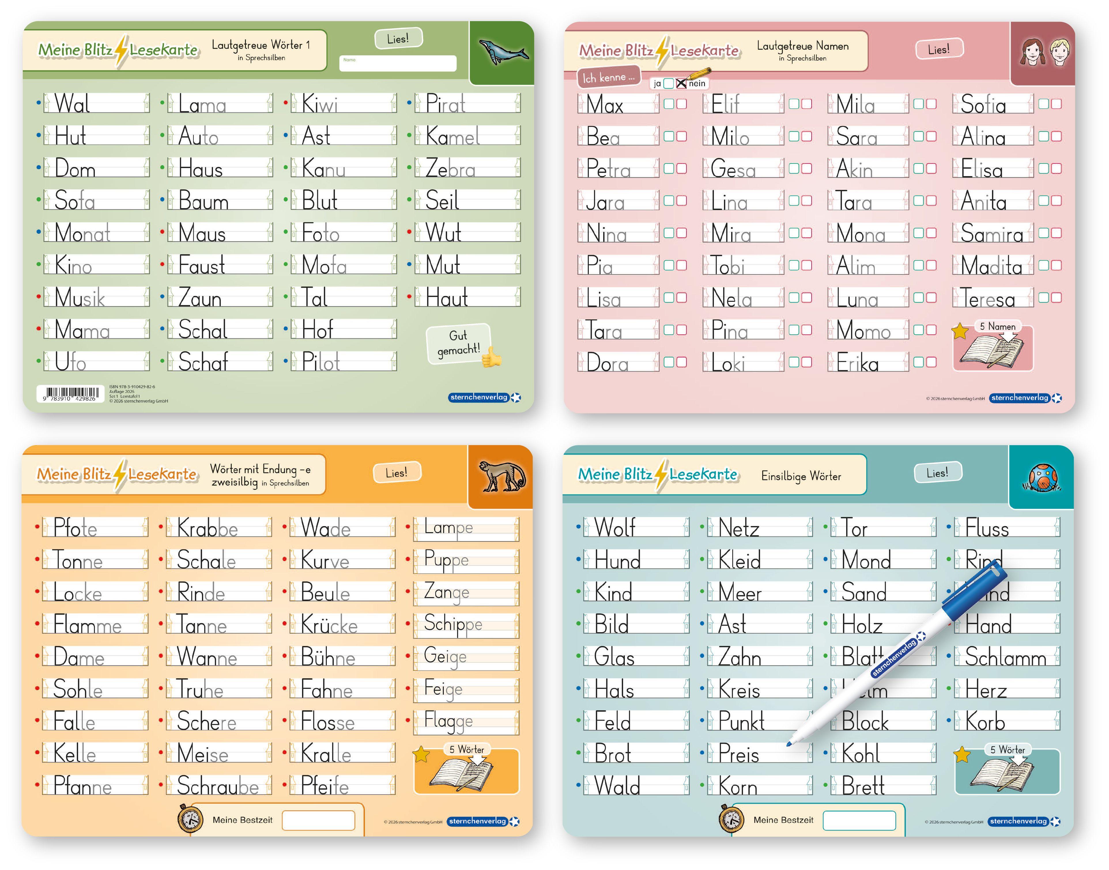 Vorderes Coverbild Meine Blitzlesekarten Set 1 zur Leseförderung (4 Lerntafeln mit Stift)