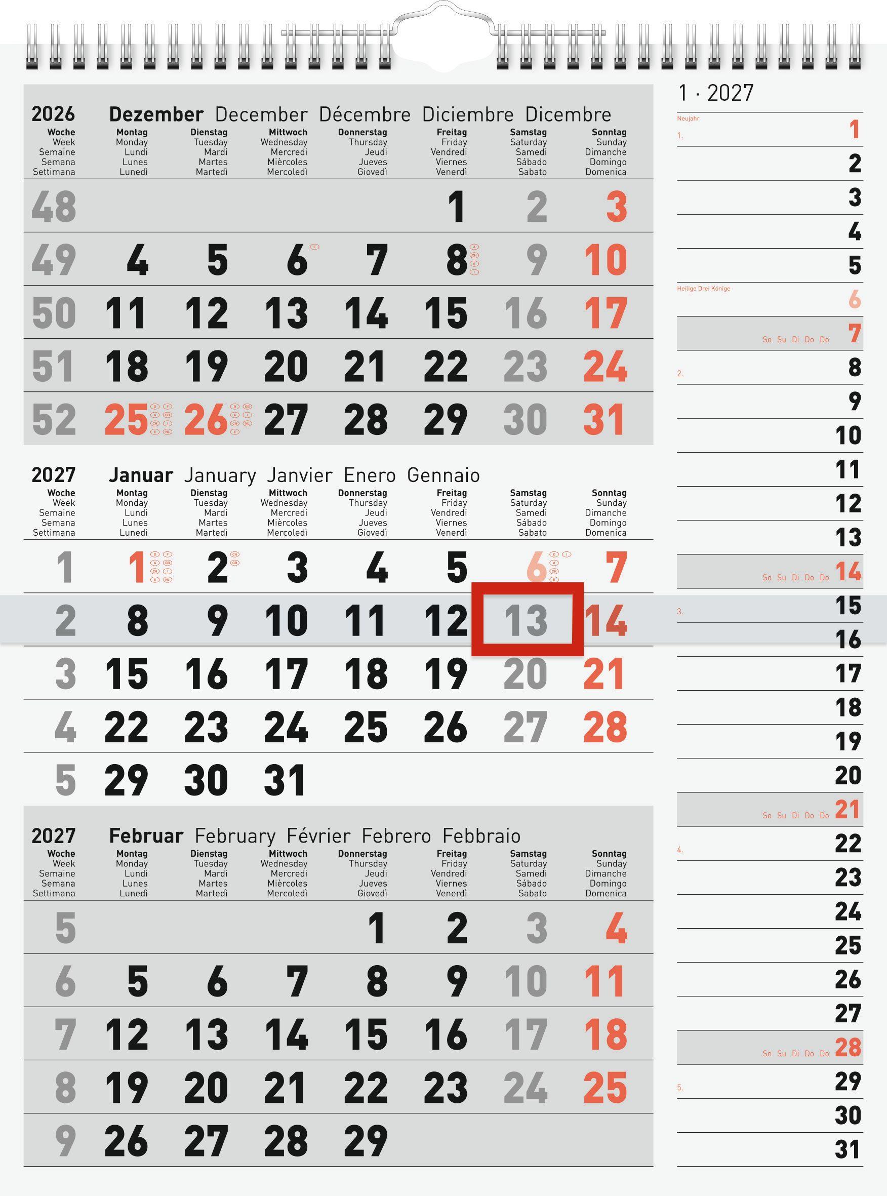 Vorderes Coverbild rido/idé 7033330007 3-Monatskalender 2027 grau, 300×390 mm