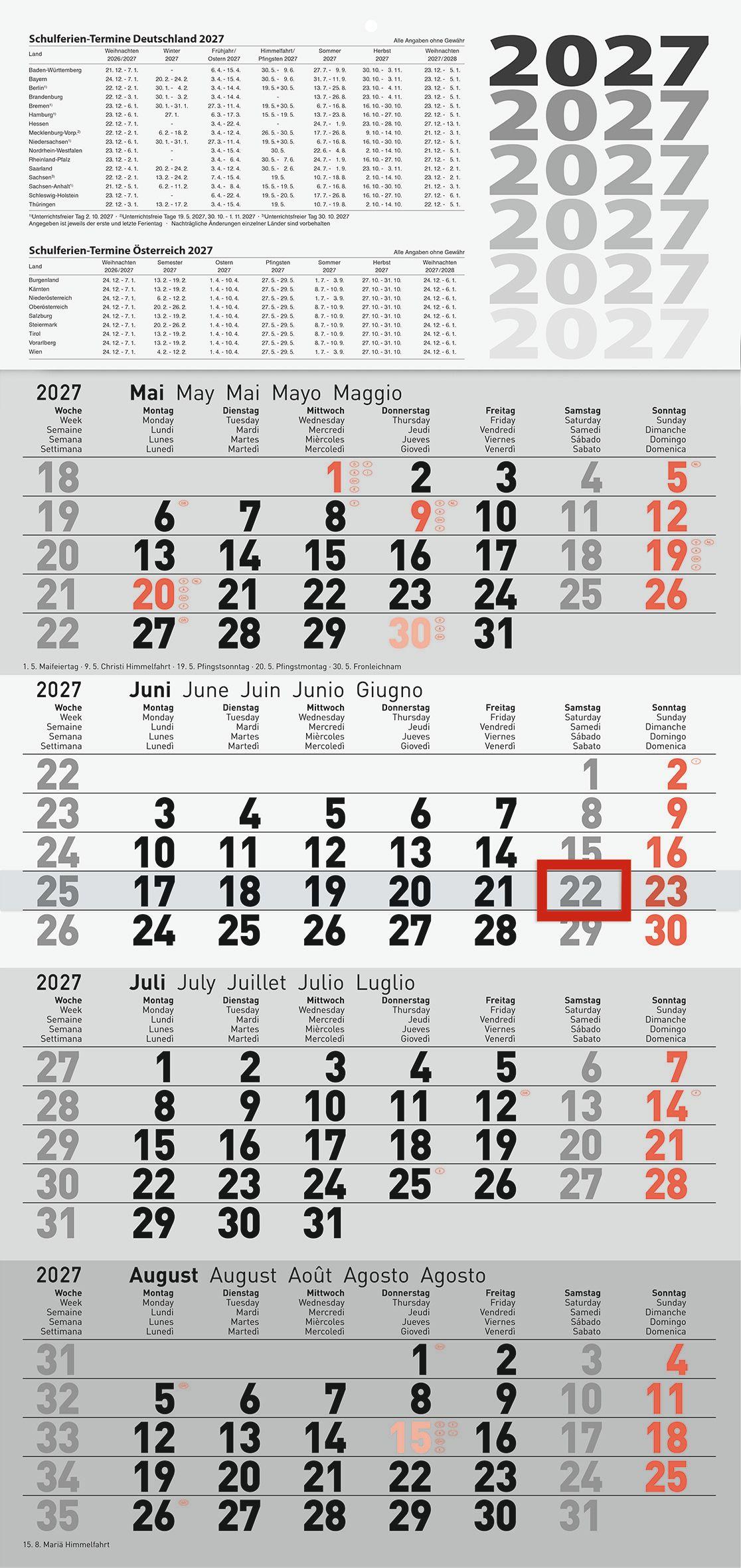 Vorderes Coverbild rido/idé 7033420007 4-Monatskalender 2027 grau, 300×630 mm