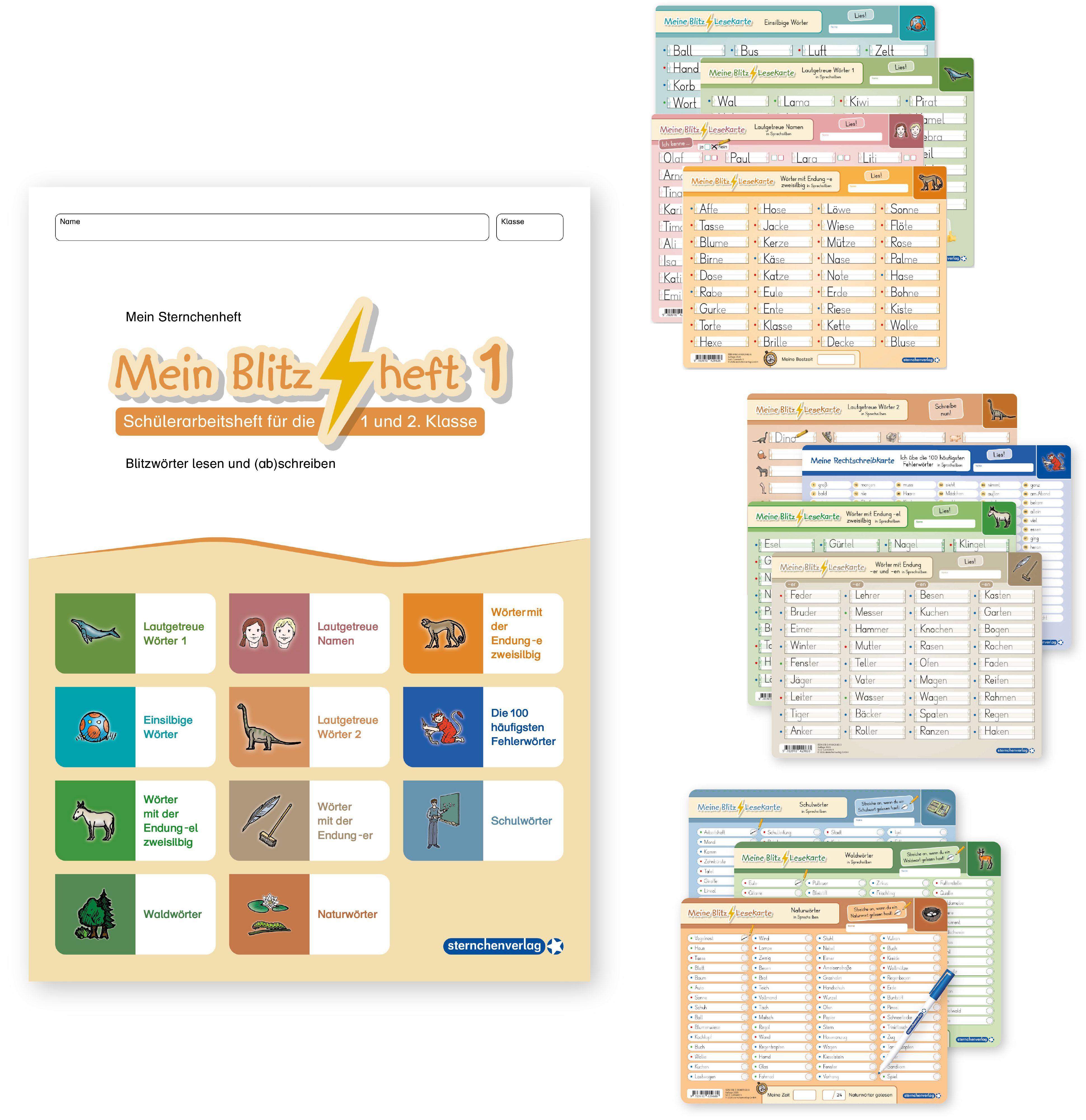 Vorderes Coverbild Mein Blitzheft 1 und Meine Blitzlesekarten Set 1-3 mit Stift "Alles in einem"
