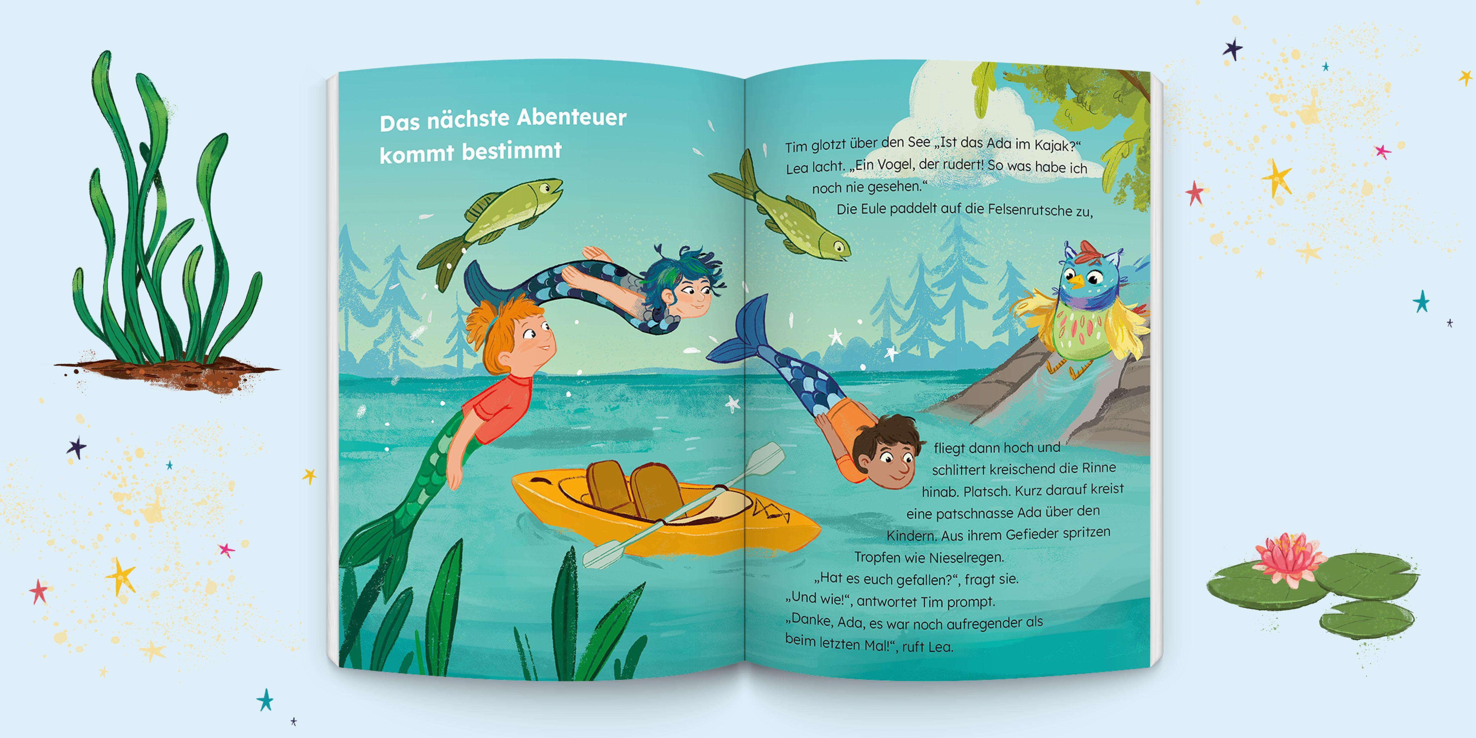 Beispielinhalt (Bild) Lesewald, Der Zauber des Wassers - Buch zum Lesen lernen | Thema: Mehr Mut bei Angst vor Wasser | Lesen erster Wörter, Vorlesen, Mitmachspaß