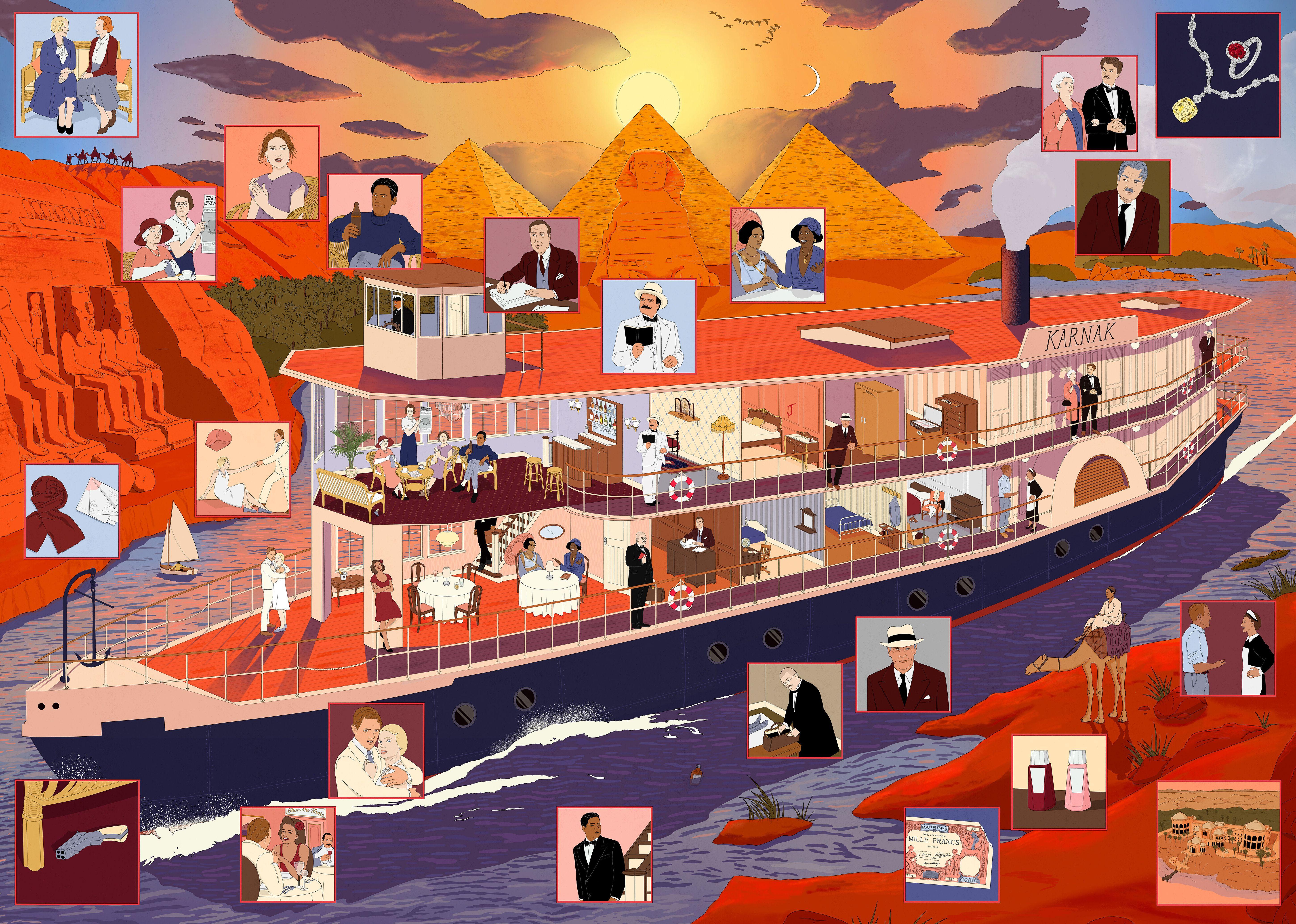 Beispielinhalt (Bild) The World of Agatha Christie: Death on the Nile: A 1000-Piece Jigsaw Puzzle with 50 Clues to Spot