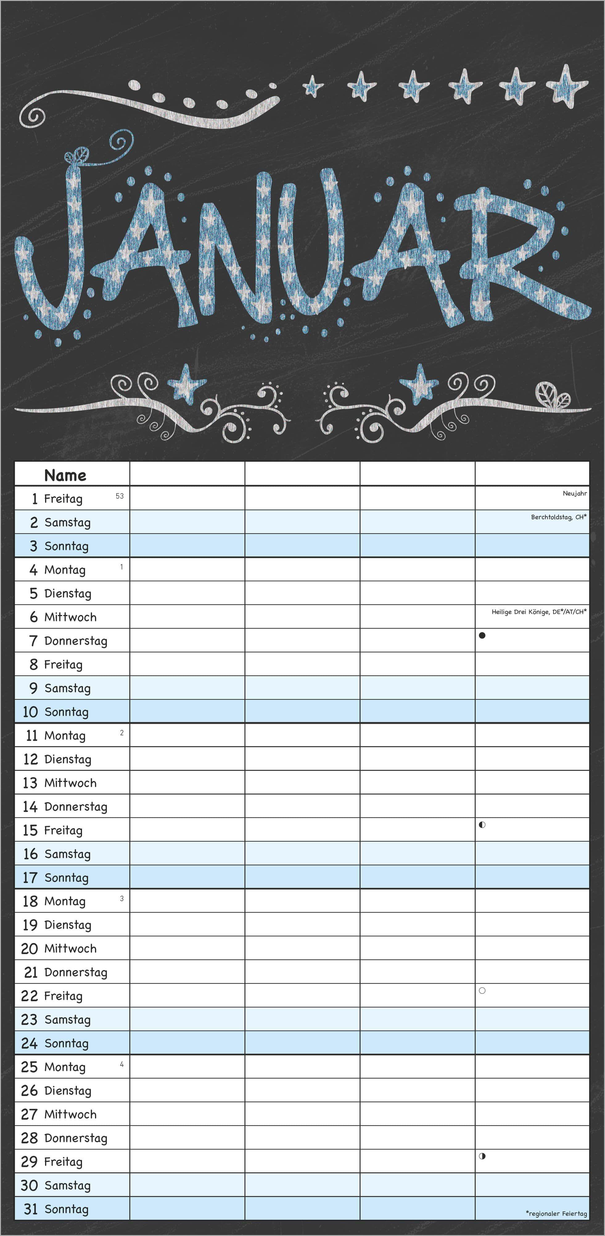 Beispielinhalt (Bild) Tafel Timer - 4 Spalten 2027