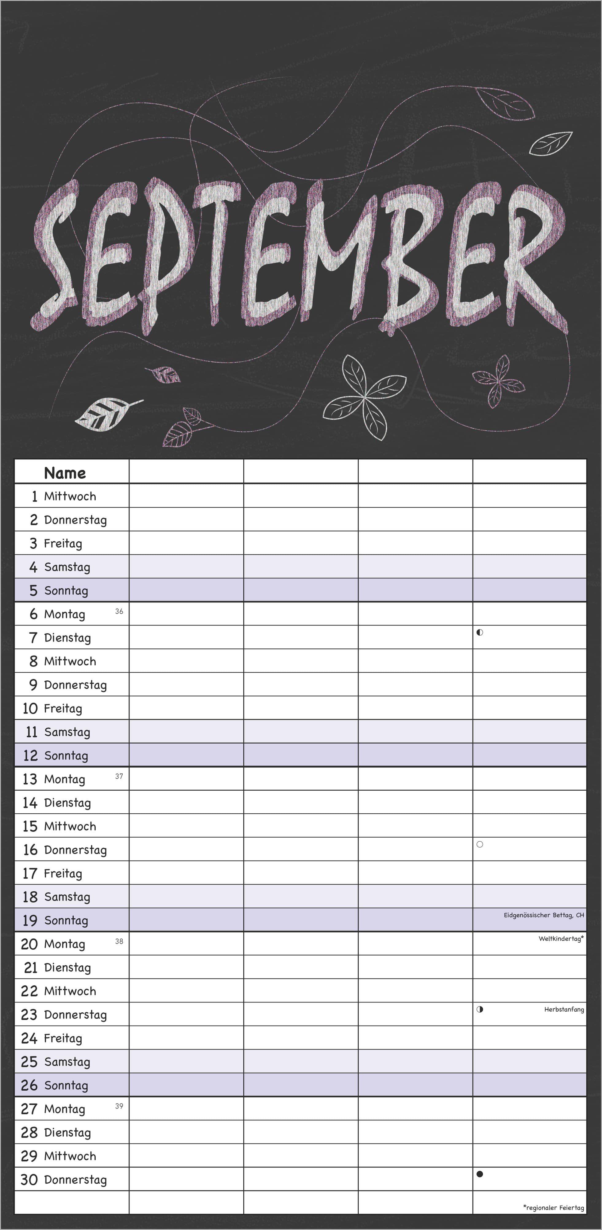 Beispielinhalt (Bild) Tafel Timer - 4 Spalten 2027