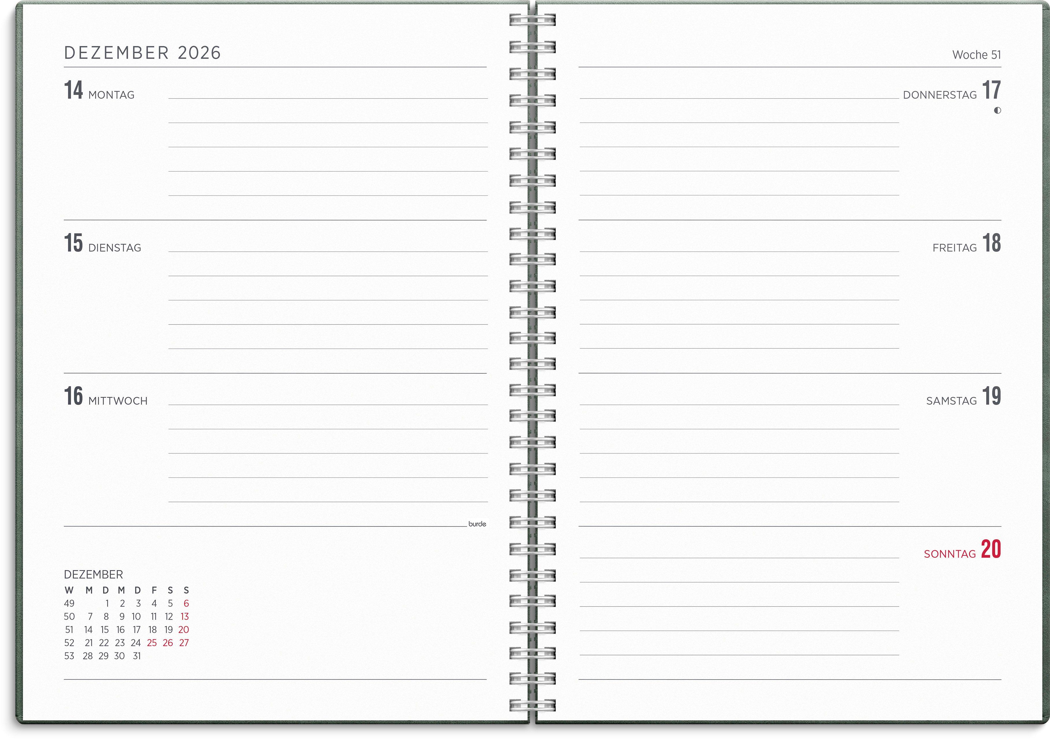 Beispielinhalt (Bild) Kalender 26/27 Senator A5 Twist Grün