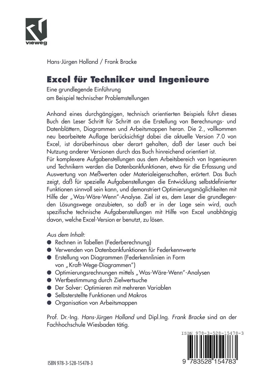 Rückseitencover Excel für Techniker und Ingenieure