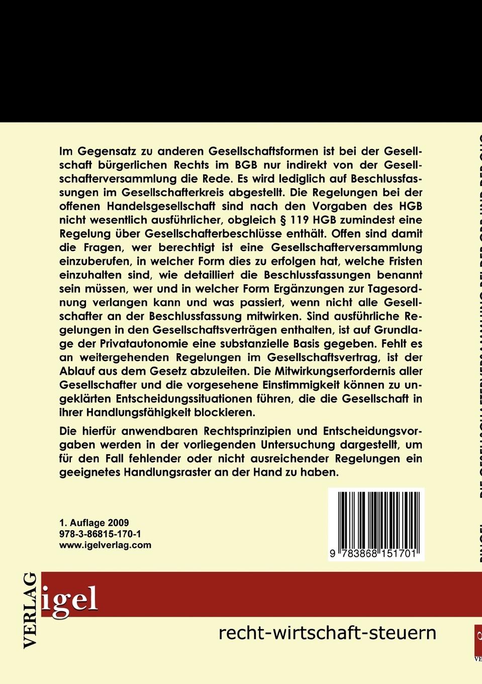 Rückseitencover Die Gesellschafterversammlung bei der Gesellschaft bürgerlichen Rechts und der offenen Handelsgesellschaft