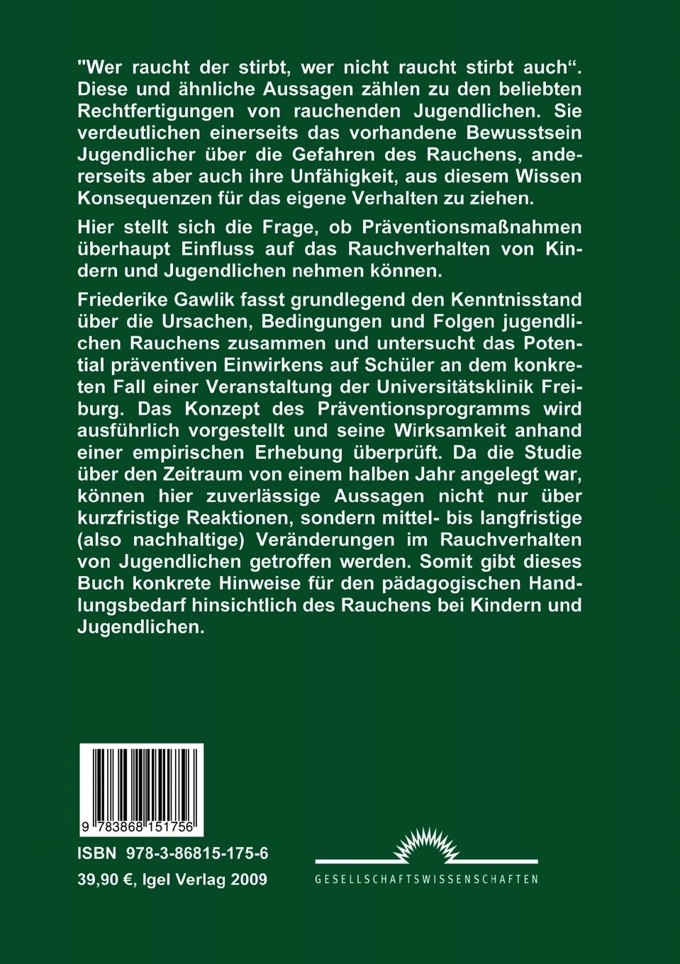 Rückseitencover Möglichkeiten der Raucherprävention bei Jugendlichen