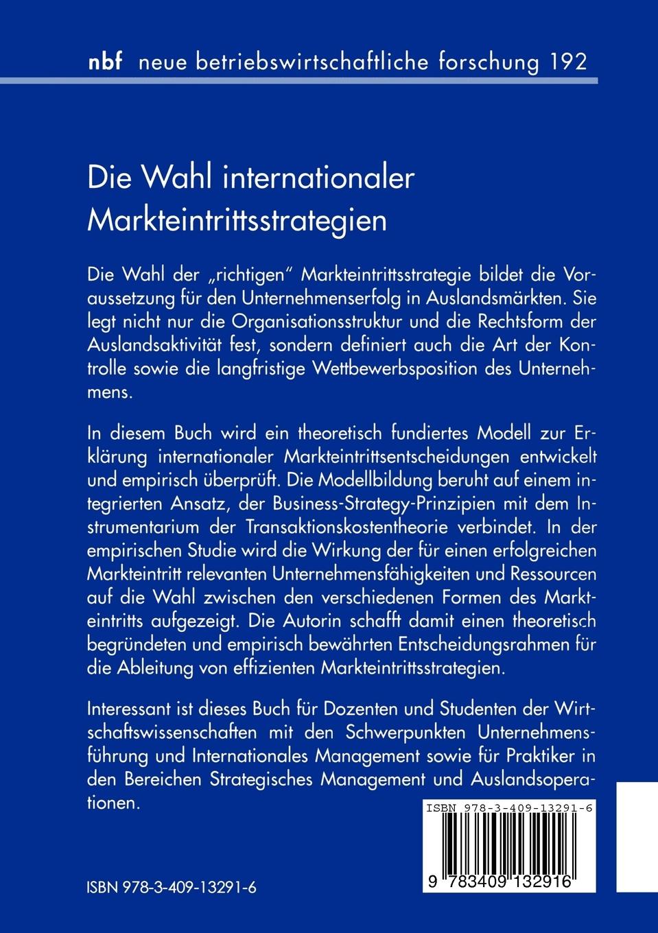 Rückseitencover Die Wahl internationaler Markteintrittsstrategien