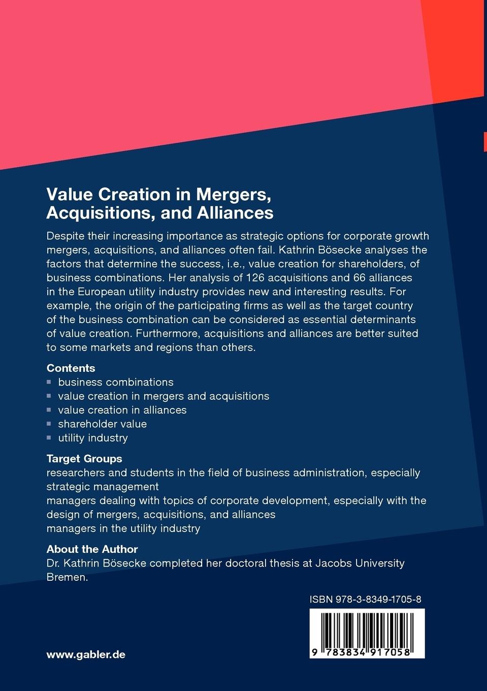 Rückseitencover Value Creation in Mergers, Acquisitions, and Alliances