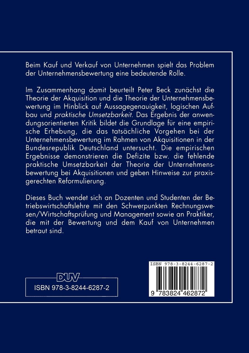 Rückseitencover Unternehmensbewertung bei Akquisitionen