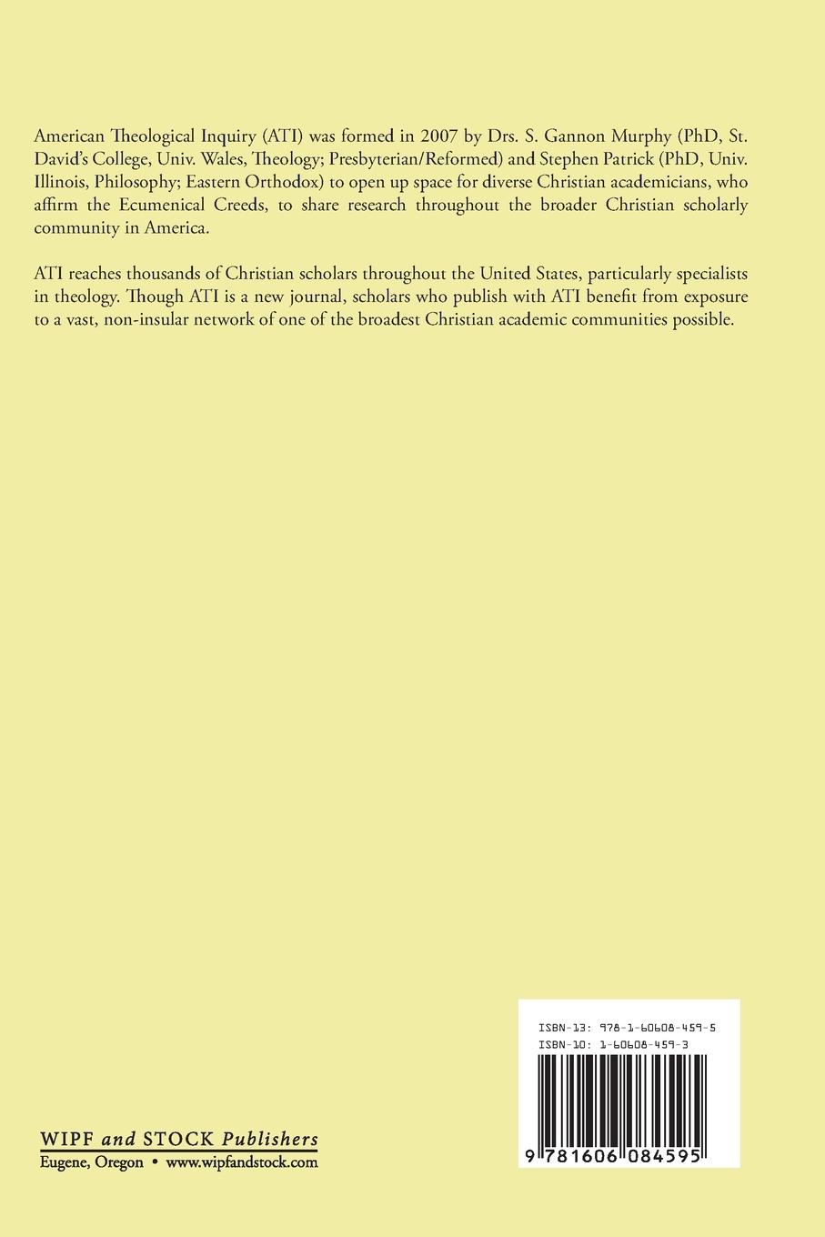 Rückseitencover American Theological Inquiry, Volume Two, Issue One