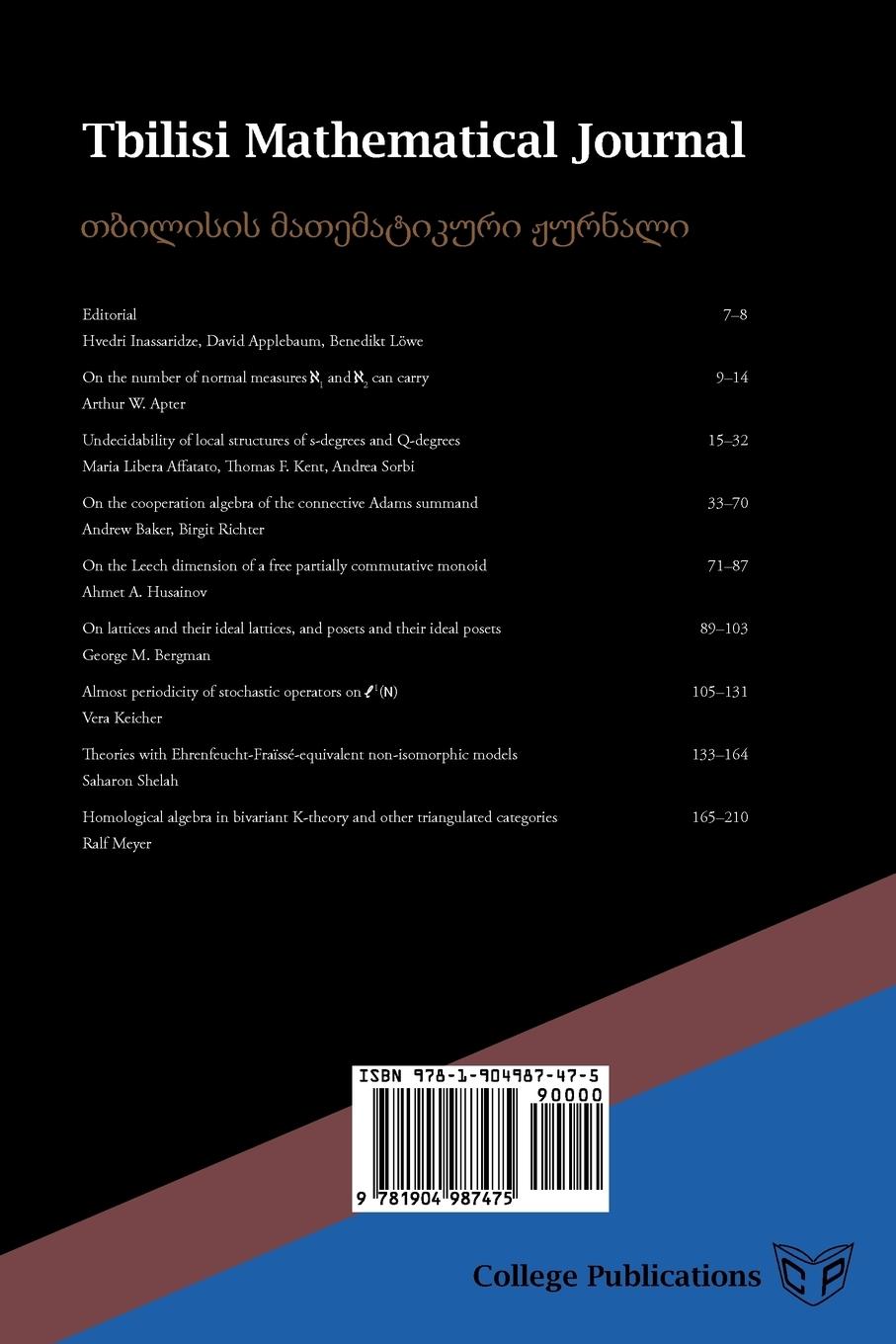 Rückseitencover Tbilisi Mathematical Journal. Volume 1 (2008)