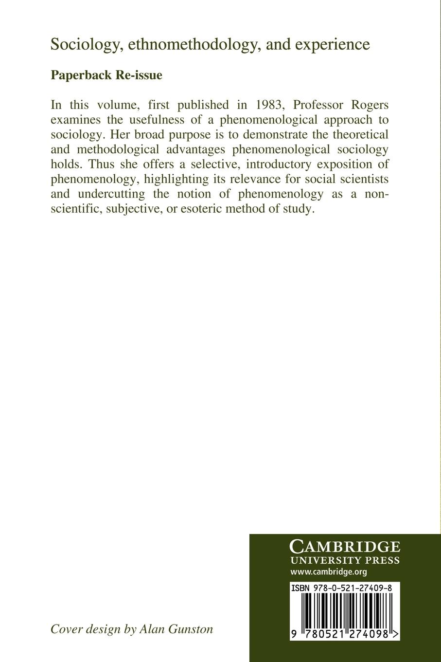 Rückseitencover Sociology, Ethnomethodology and Experience