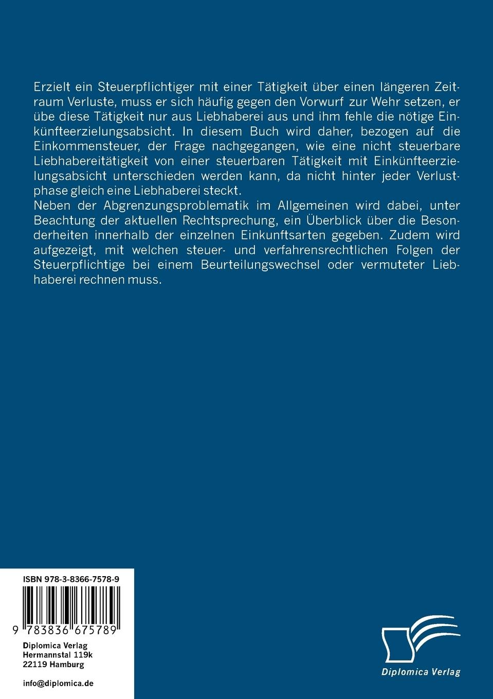 Rückseitencover Einkünfteerzielung und Liebhaberei im Einkommensteuerrecht