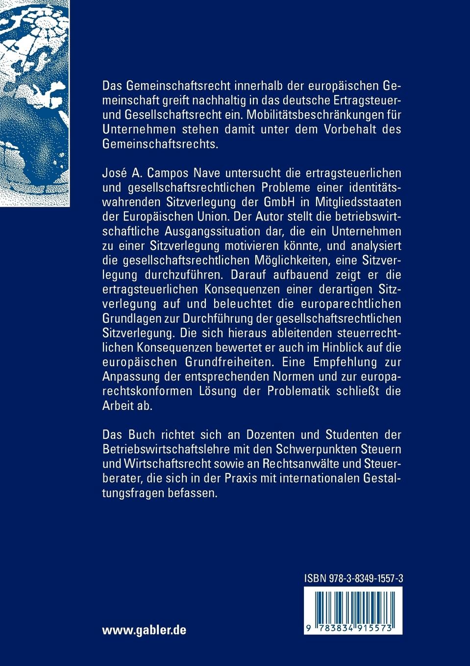 Rückseitencover Die ertragsteuerneutrale und identitätswahrende Sitzverlegung der GmbH in Mitgliedstaaten der Europäischen Union