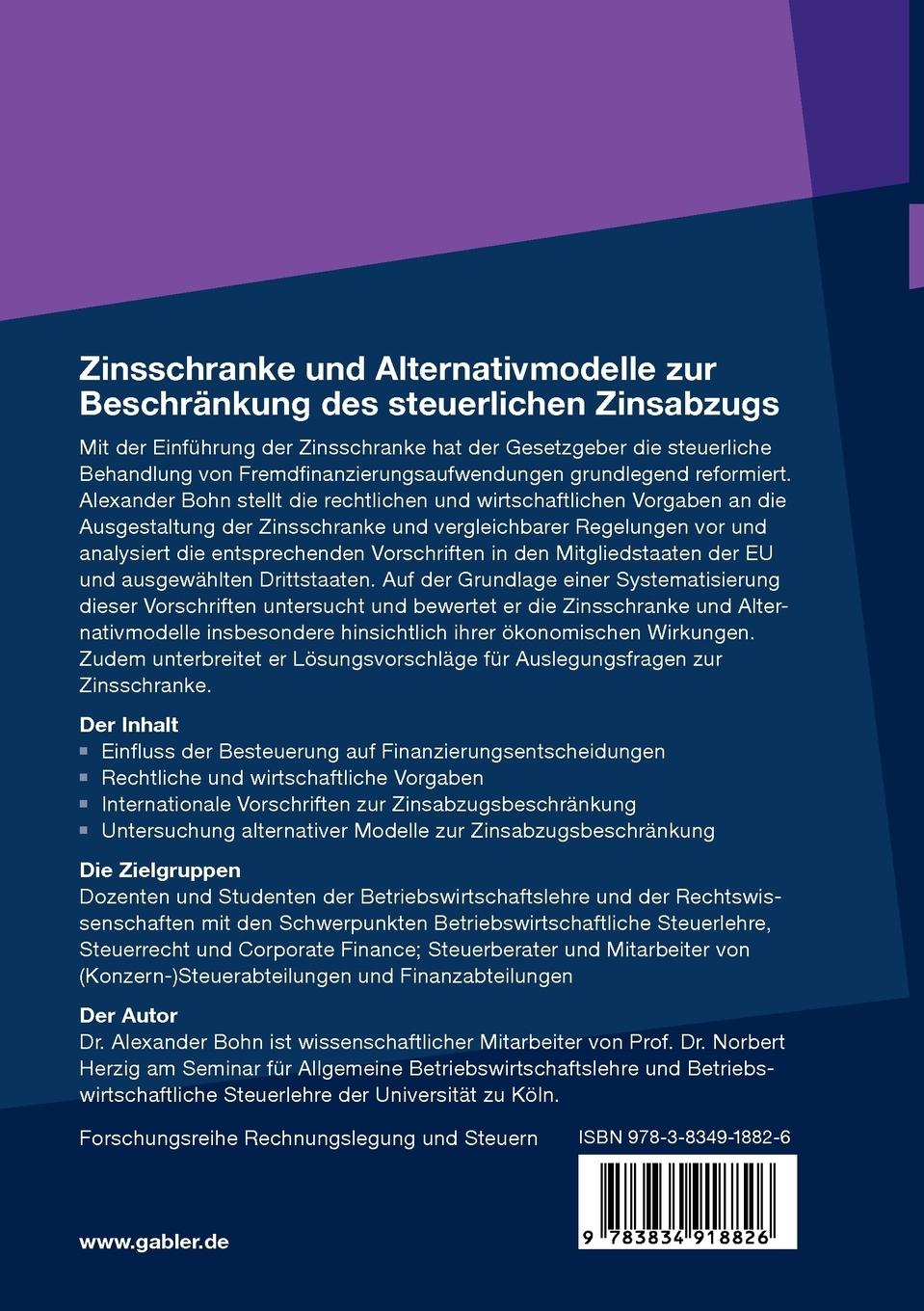 Rückseitencover Zinsschranke und Alternativmodelle zur Beschränkung des steuerlichen Zinsabzugs