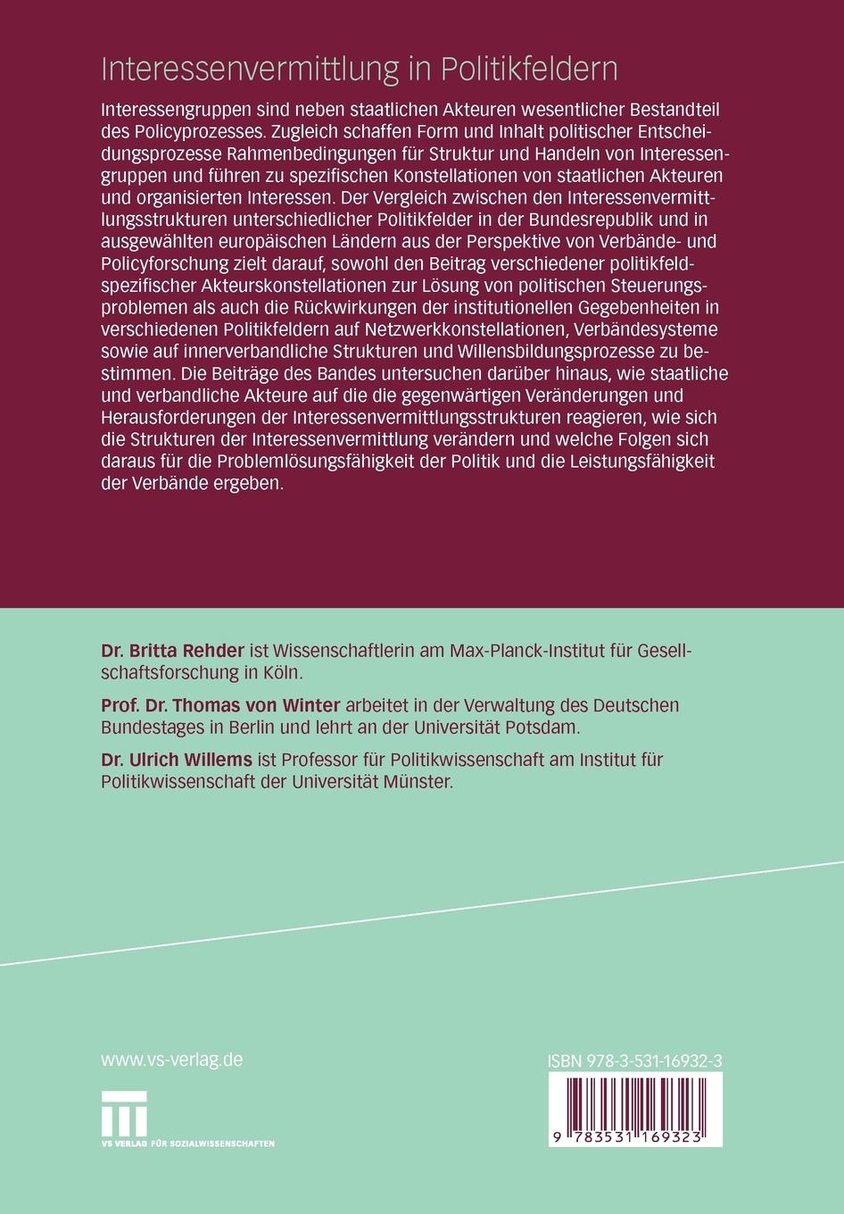 Rückseitencover Interessenvermittlung in Politikfeldern