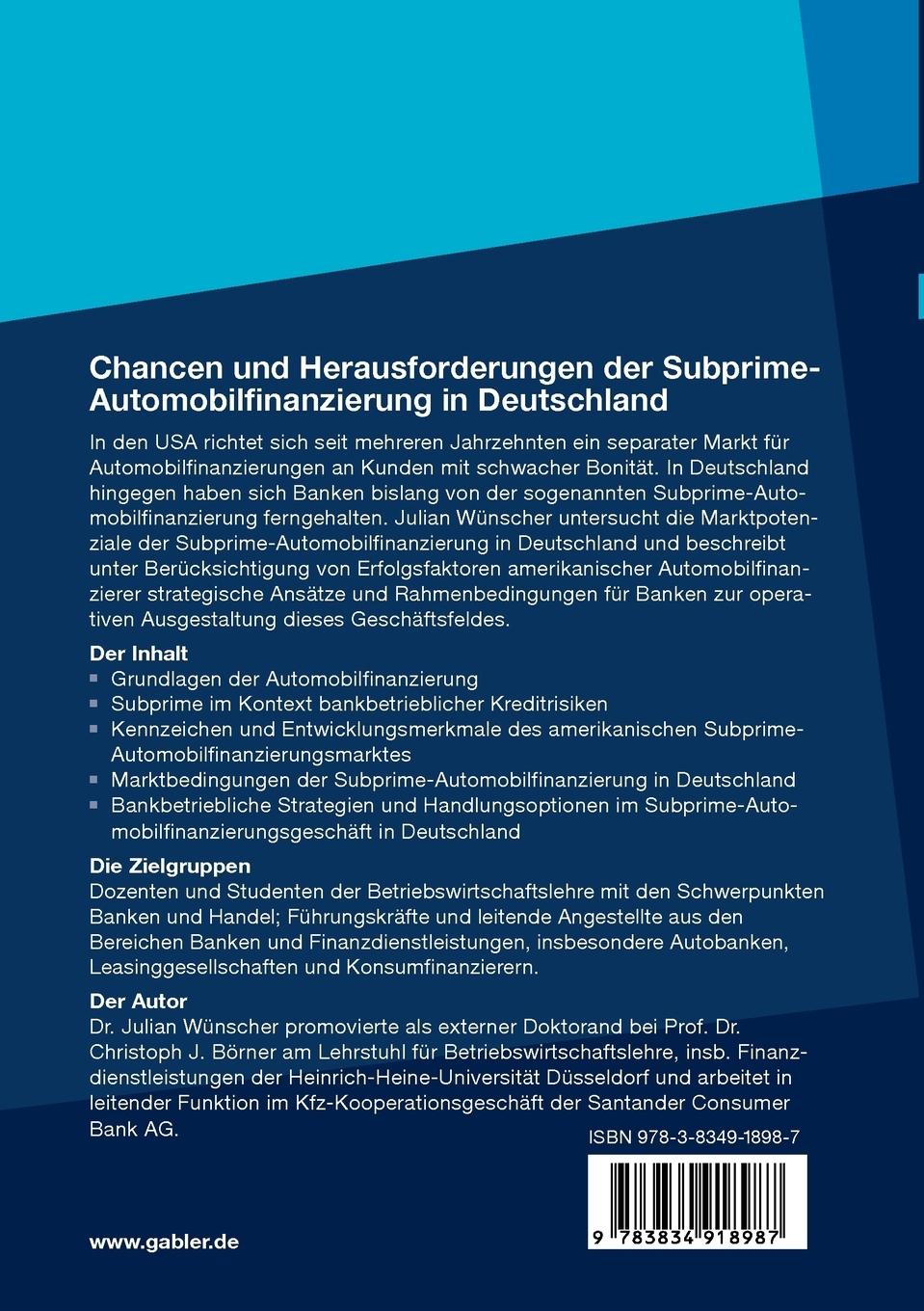 Rückseitencover Chancen und Herausforderungen der Subprime-Automobilfinanzierung in Deutschland