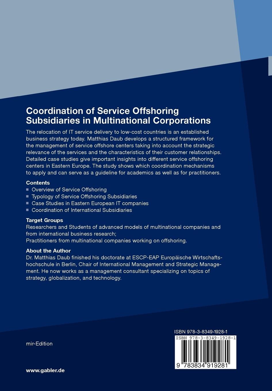Rückseitencover Coordination of Service Offshoring Subsidiaries in Multinational Corporations