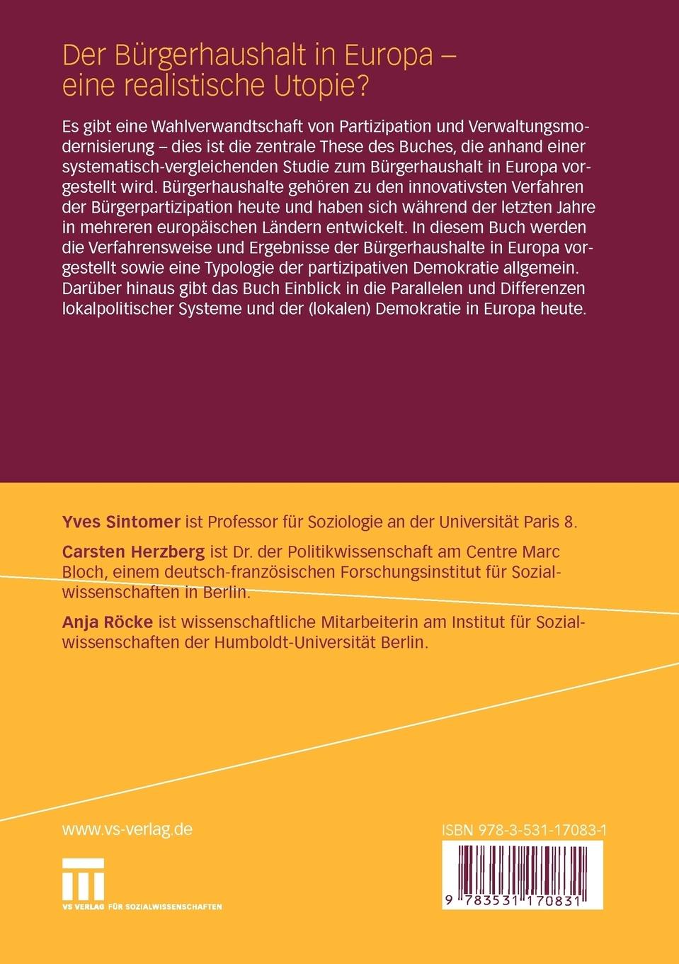 Rückseitencover Der Bürgerhaushalt in Europa - eine realistische Utopie?