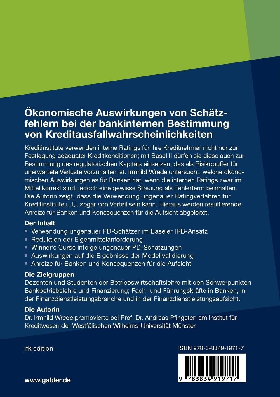 Rückseitencover Ökonomische Auswirkungen von Schätzfehlern bei der bankinternen Bestimmung von Kreditausfallwahrscheinlichkeiten