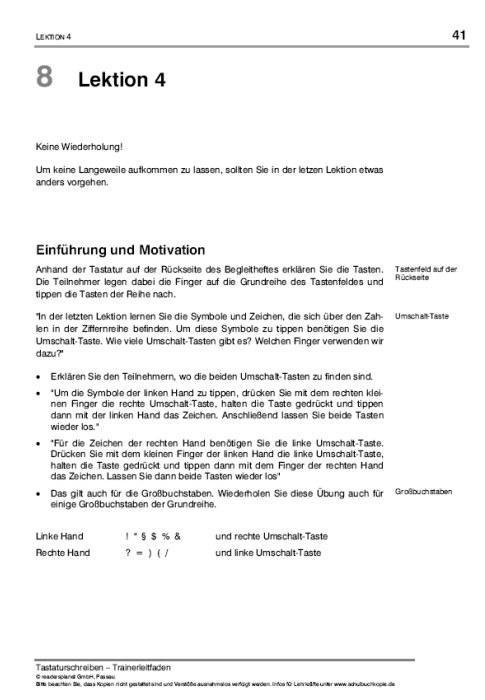 Beispielinhalt (Bild) Das Tastaturschreiben mit 10 Fingern in 5 Stunden. Trainerleitfaden