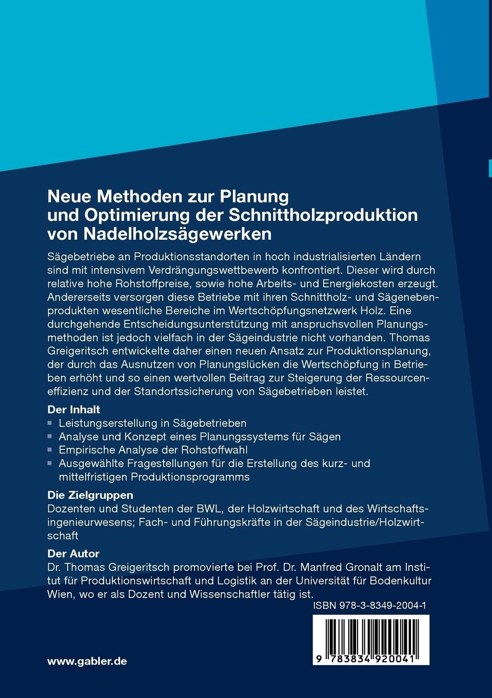 Rückseitencover Neue Methoden zur Planung und Optimierung der Schnittholzproduktion von Nadelholzsägewerken