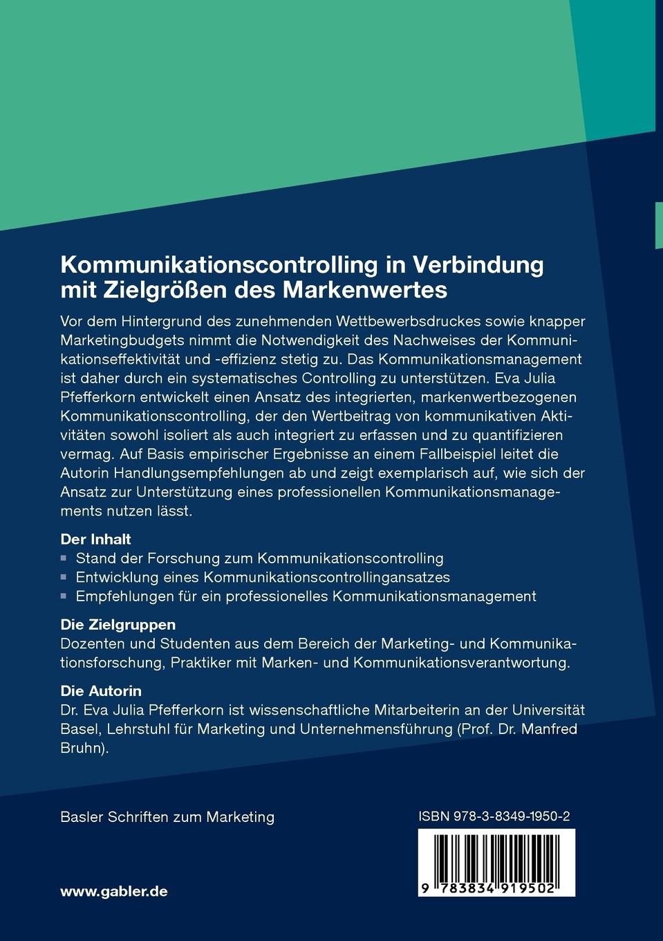 Rückseitencover Kommunikationscontrolling in Verbindung mit Zielgrößen des Markenwertes