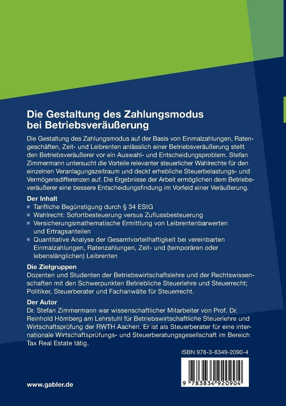 Rückseitencover Die Gestaltung des Zahlungsmodus bei Betriebsveräußerung