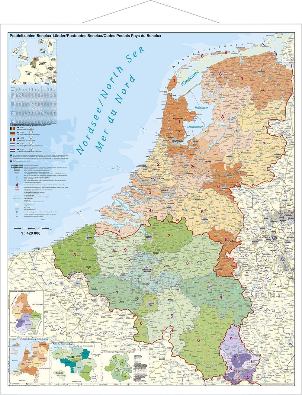 Vorderes Coverbild Benelux-Länder Postleitzahlen. Wandkarte