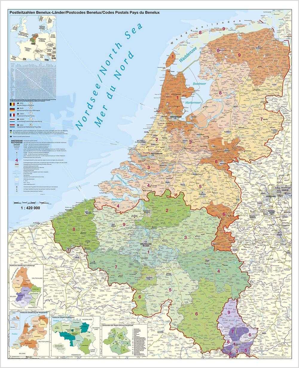 Vorderes Coverbild Benelux-Länder Postleitzahlen. Wandkarte Poster