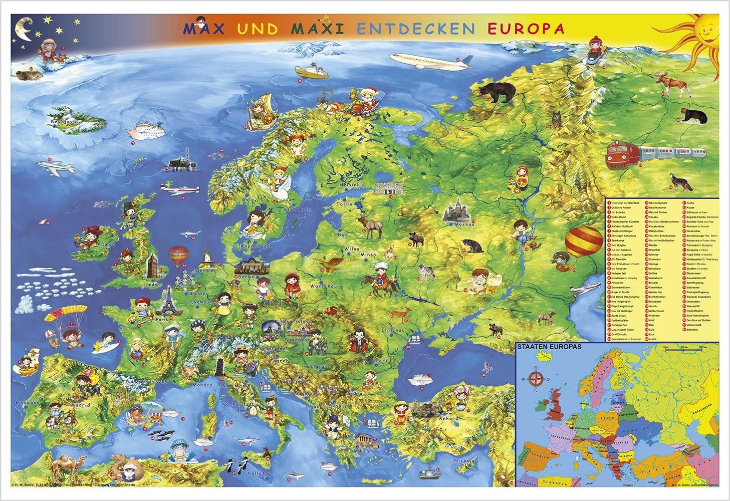 Vorderes Coverbild Kindereuropakarte. Wandkarte Poster