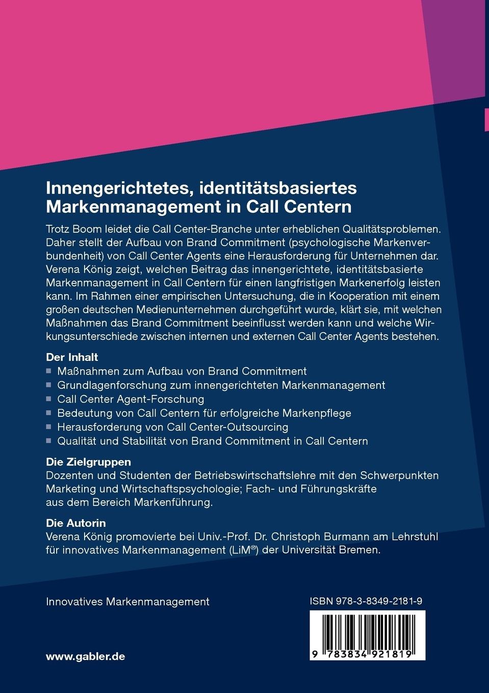 Rückseitencover Innengerichtetes, identitätsbasiertes Markenmanagement in Call Centern