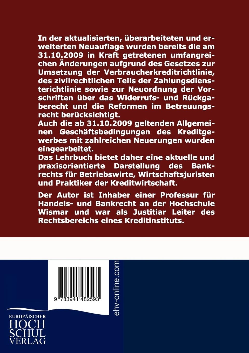 Rückseitencover Bankrecht für Betriebswirte und Wirtschaftsjuristen