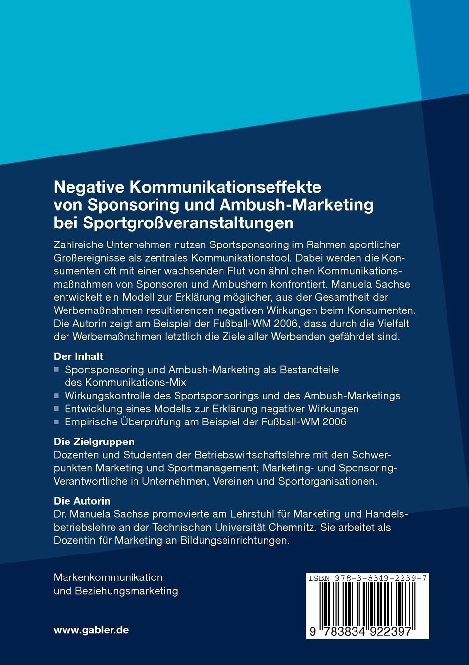Rückseitencover Negative Kommunikationseffekte von Sponsoring und Ambush-Marketing bei Sportgroßveranstaltungen