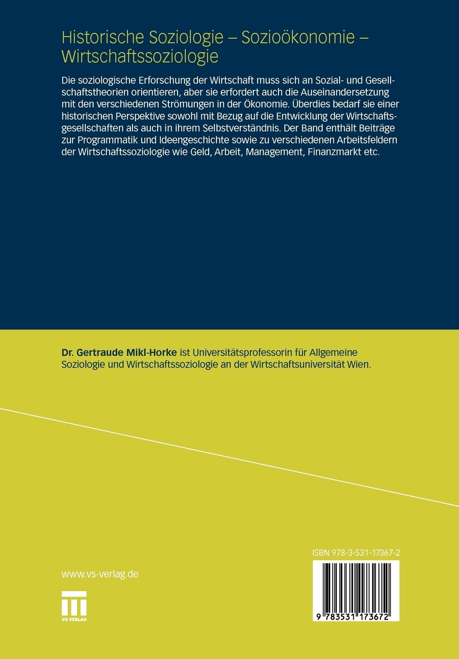 Rückseitencover Historische Soziologie - Sozioökonomie - Wirtschaftssoziologie
