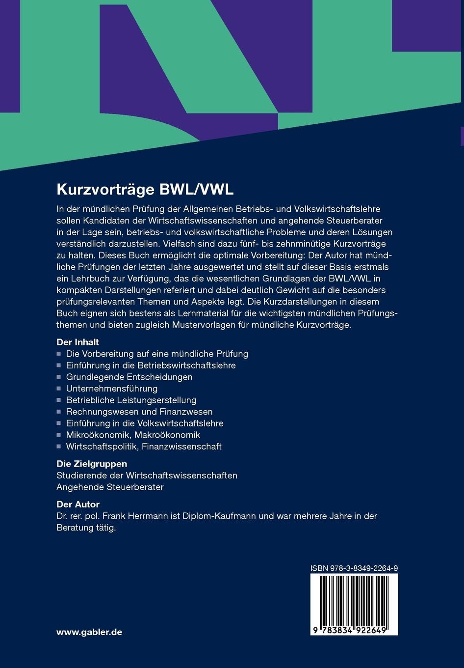 Rückseitencover Kurzvorträge BWL/VWL