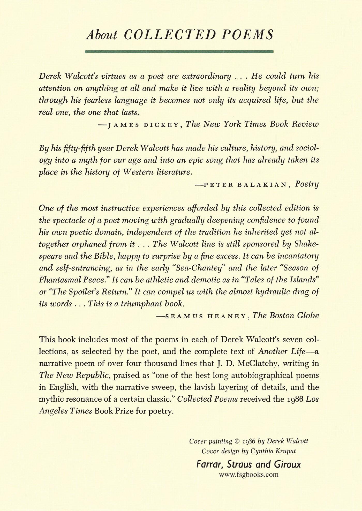 Rückseitencover Derek Walcott Collected Poems 1948-1984