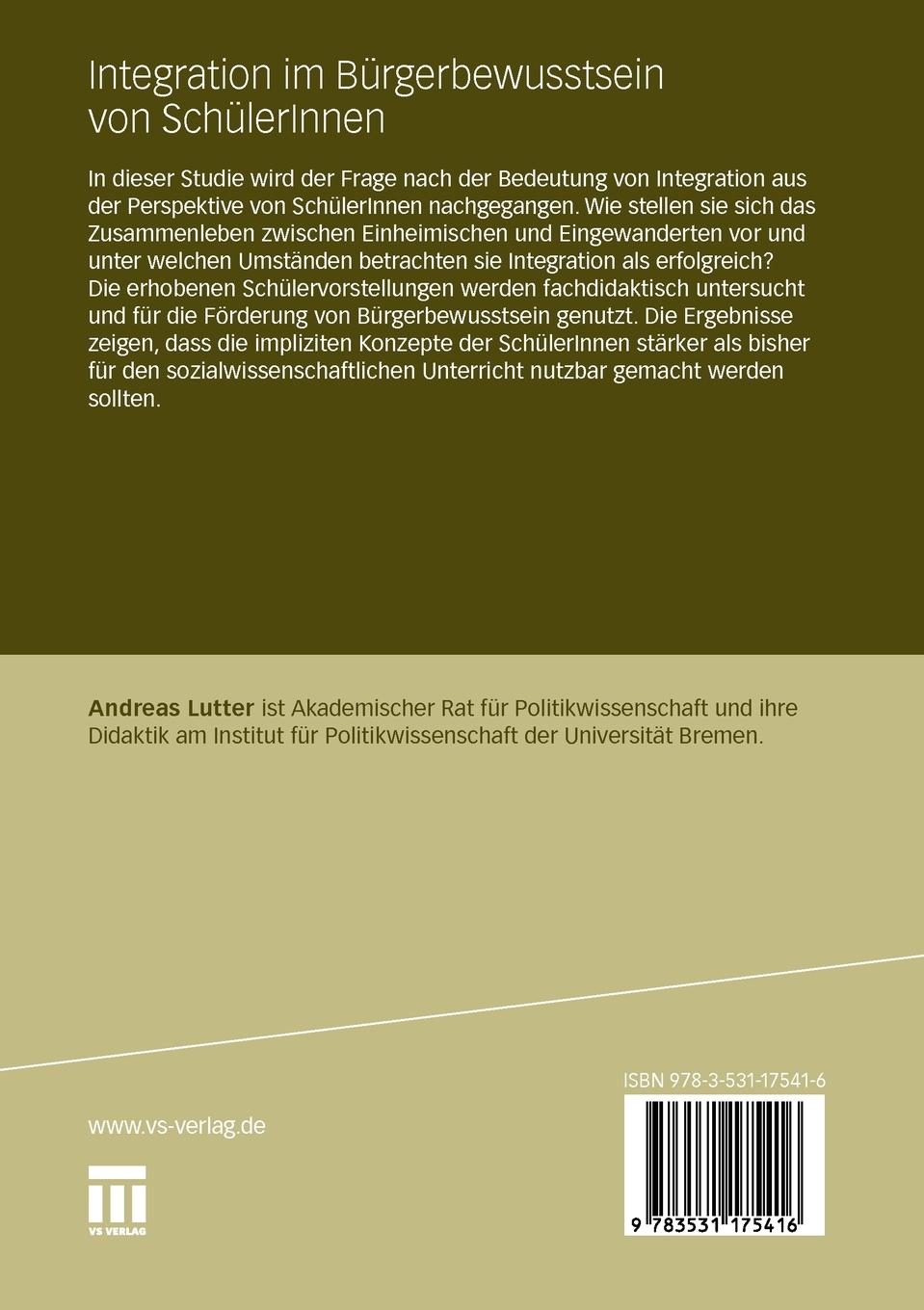Rückseitencover Integration im Bürgerbewusstsein von SchülerInnen