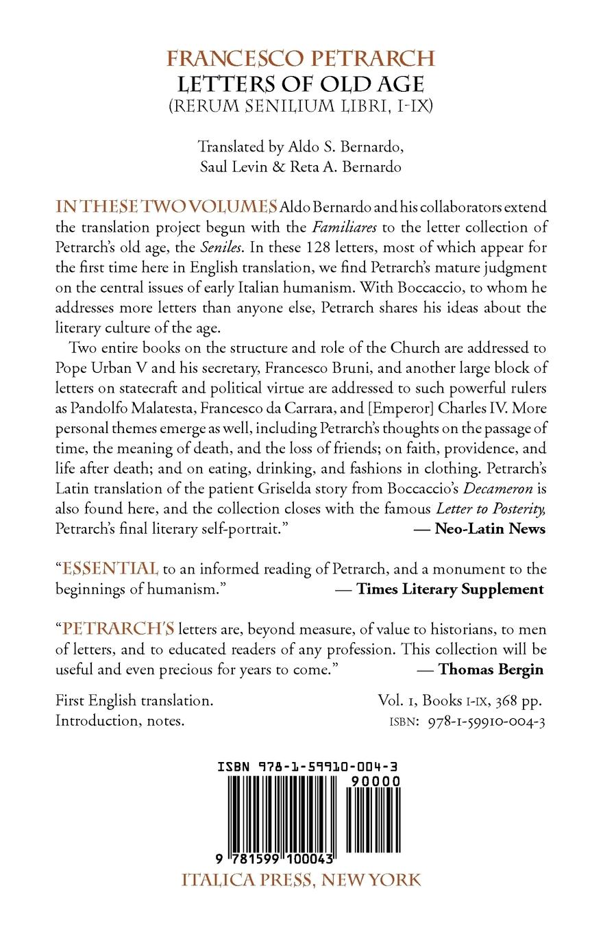 Rückseitencover Letters of Old Age (Rerum Senilium Libri) Volume 1, Books I-IX