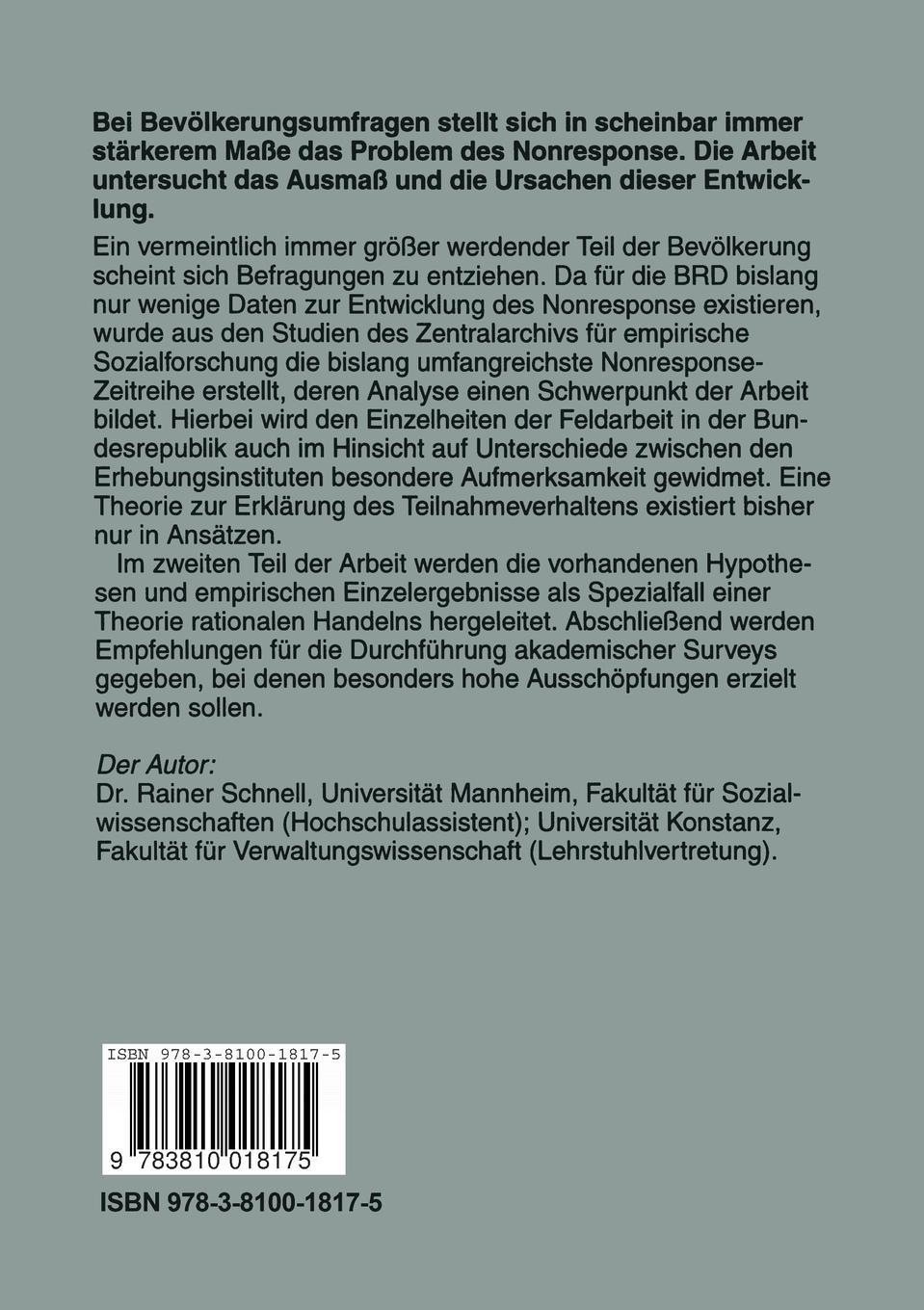 Rückseitencover Nonresponse in Bevölkerungsumfragen