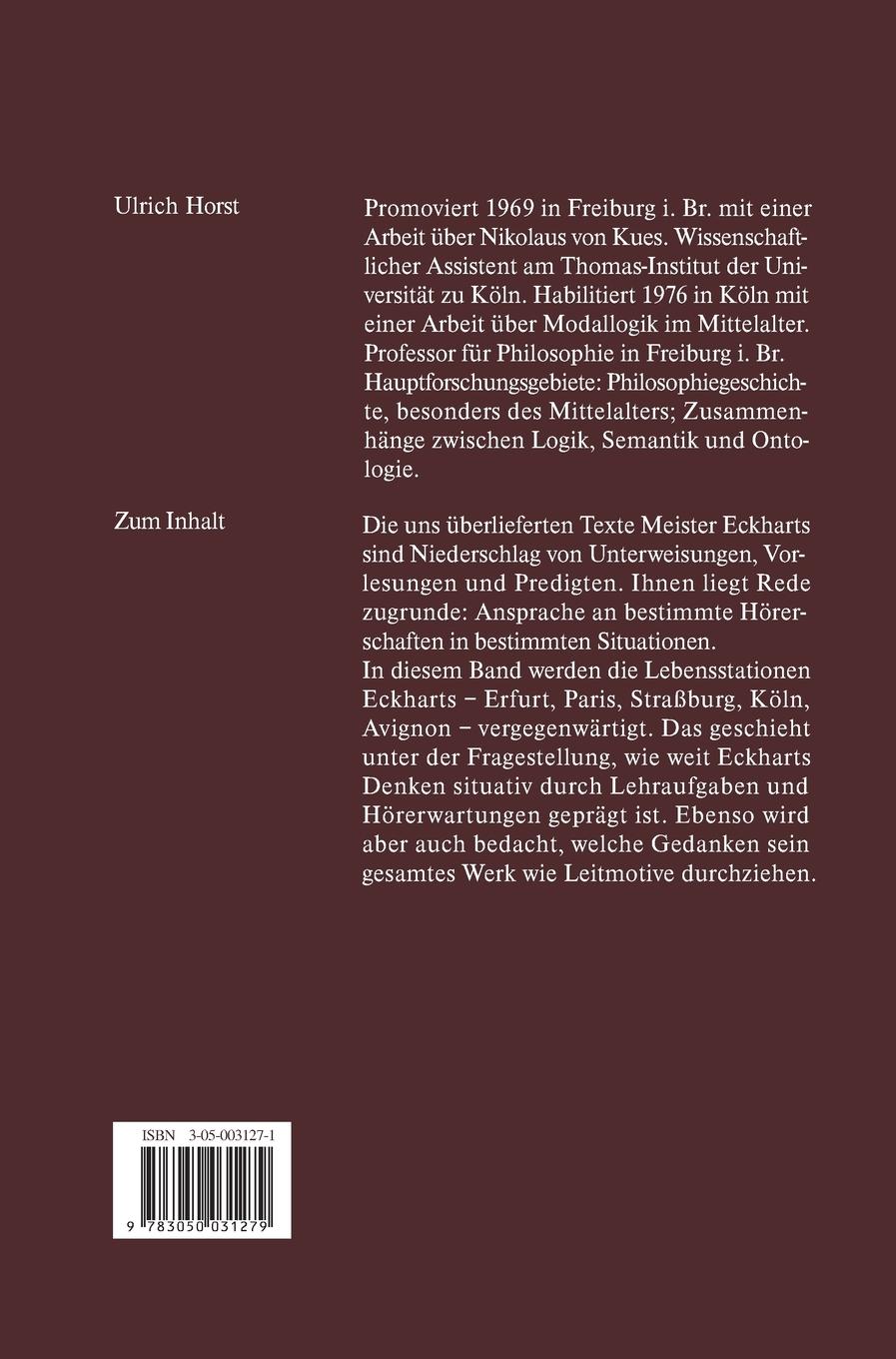 Rückseitencover Meister Eckhart. Lebensstationen - Redesituationen