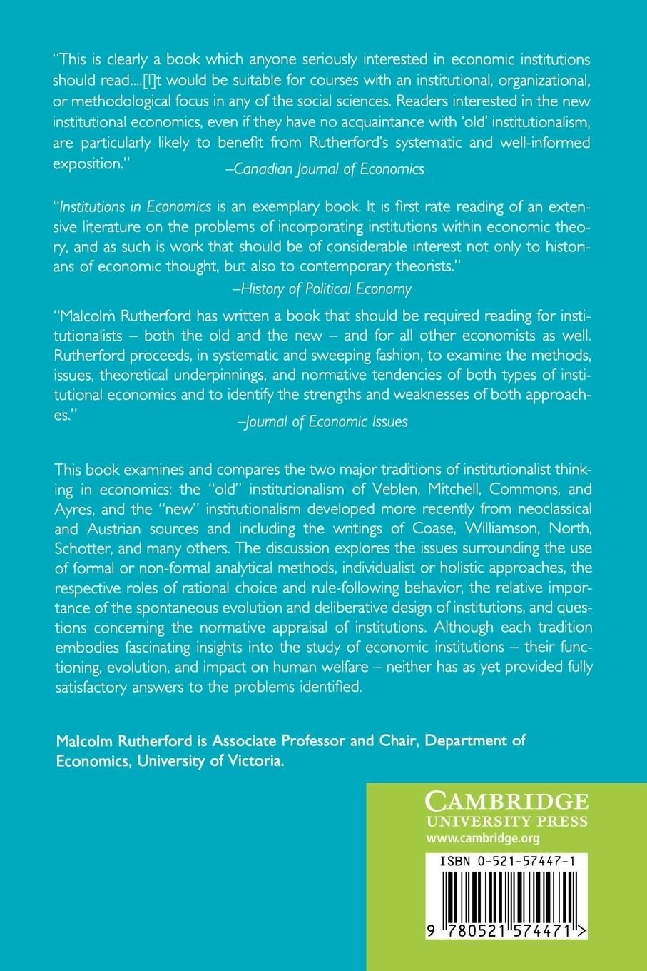 Rückseitencover Institutions in Economics