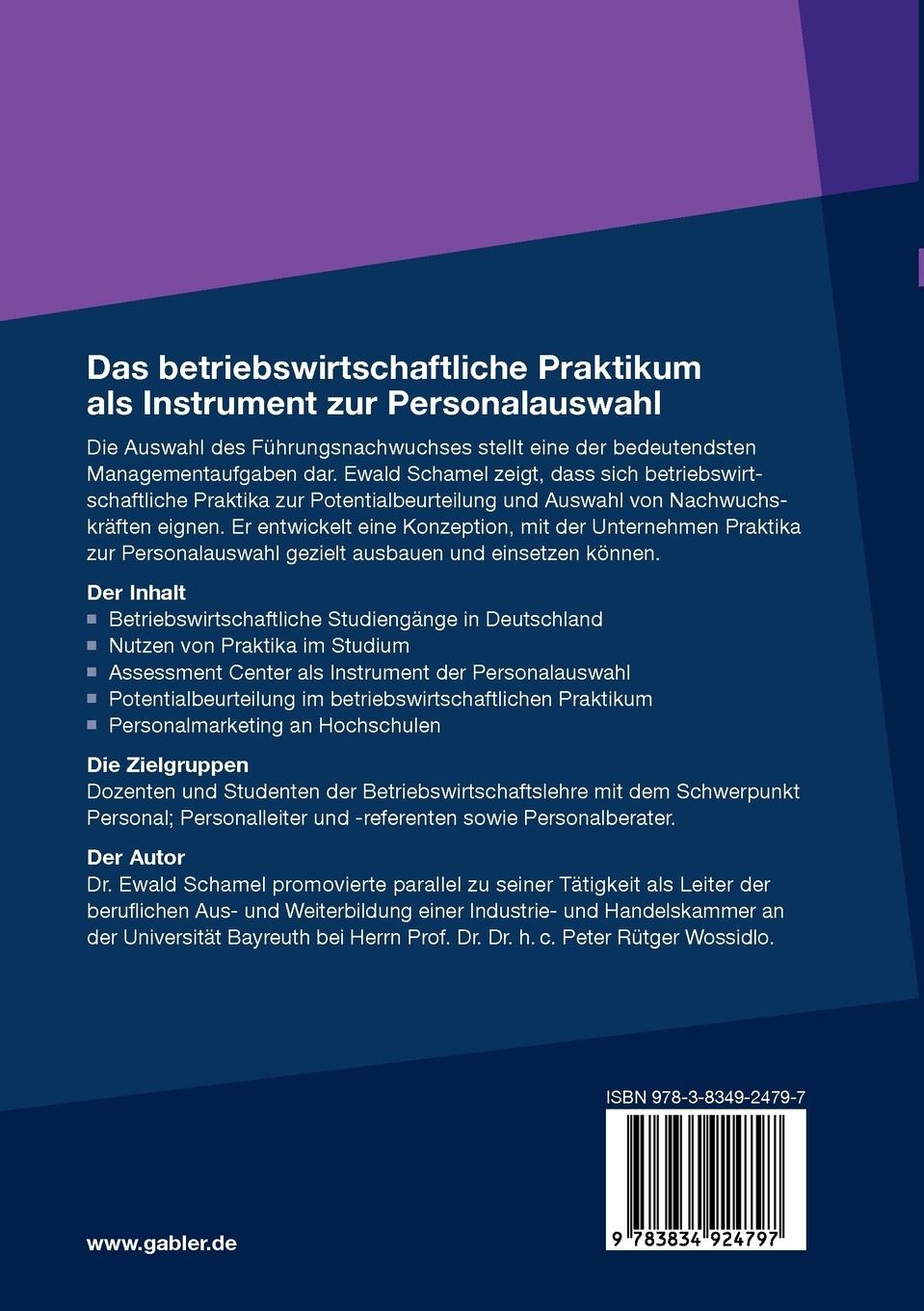 Rückseitencover Das betriebswirtschaftliche Praktikum als Instrument zur Personalauswahl