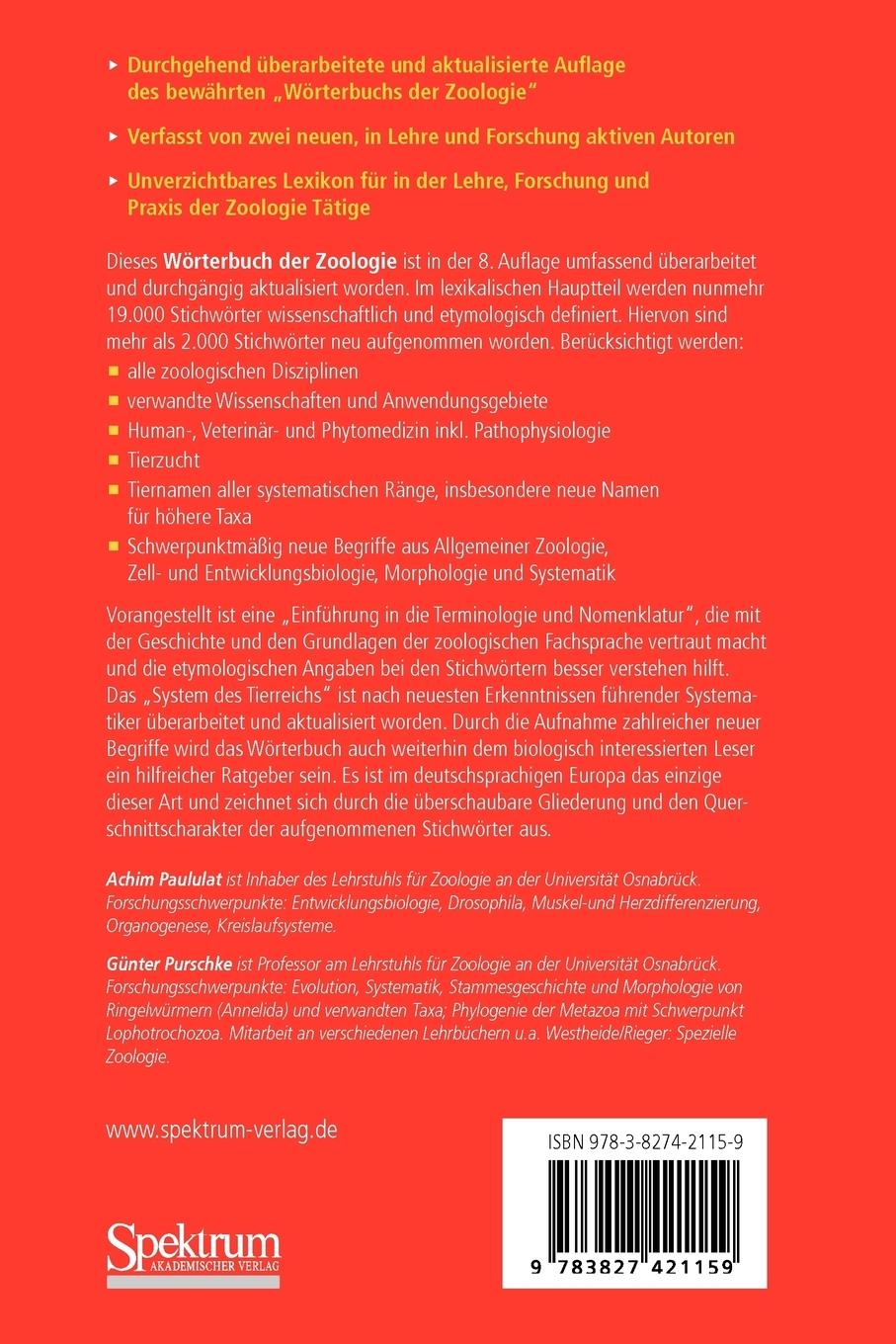 Rückseitencover Wörterbuch der Zoologie