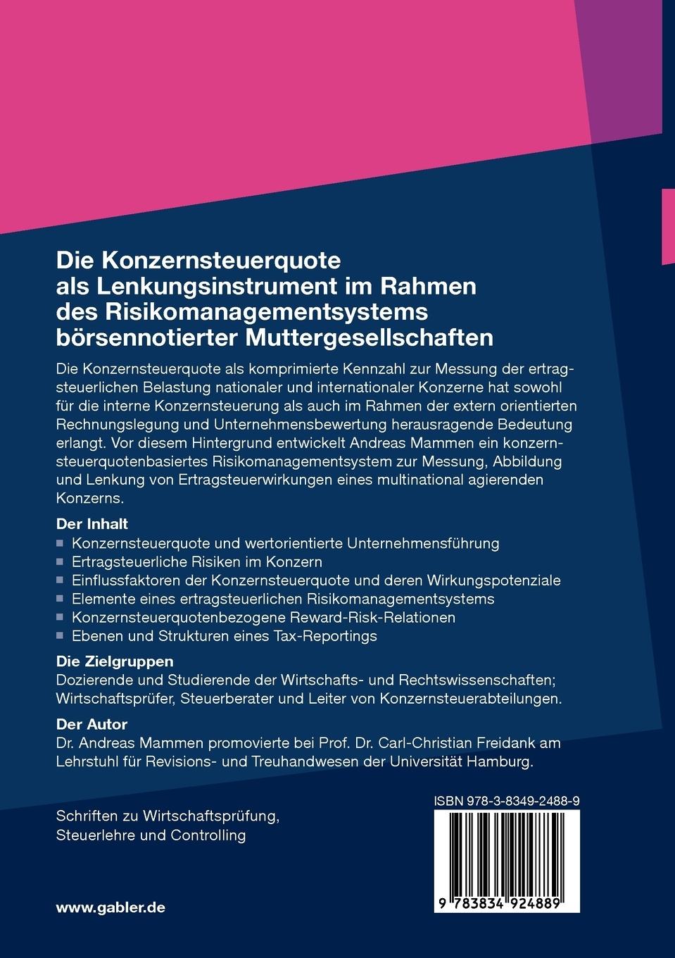 Rückseitencover Die Konzernsteuerquote als Lenkungsinstrument im Rahmen des Risikomanagementsystems börsennotierter Muttergesellschaften