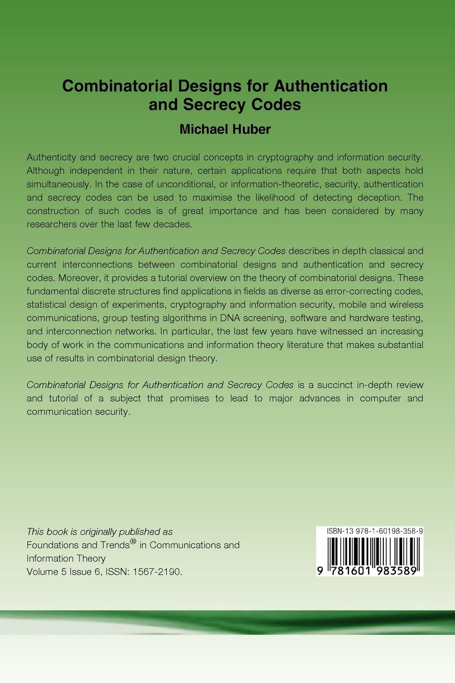 Rückseitencover Combinatorial Designs for Authentication and Secrecy Codes