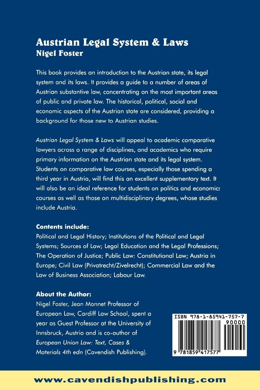 Rückseitencover Austrian Legal System and Laws